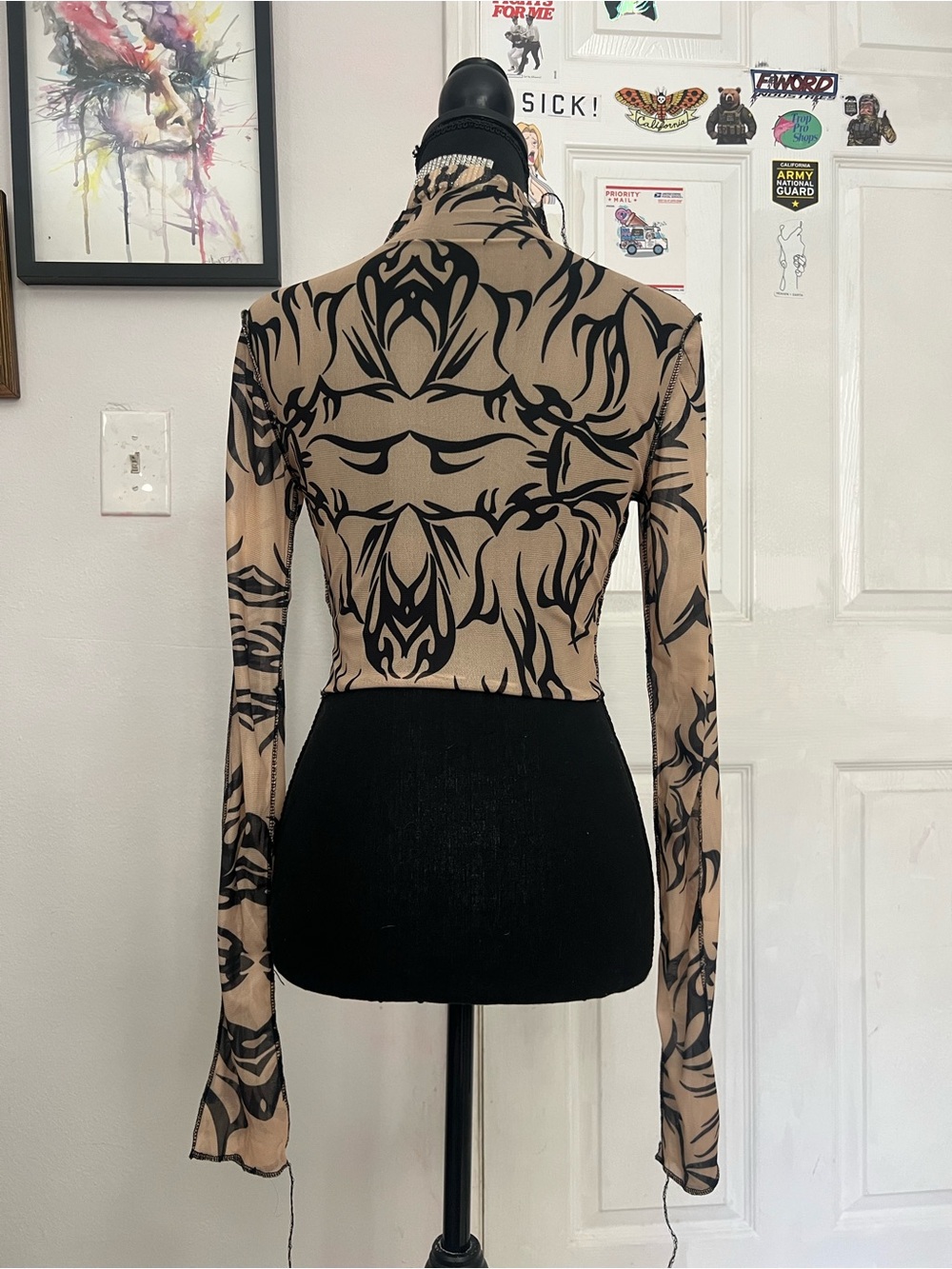 Women's Long Sleeve Mesh Mock Neck Top in Beige and Black - Picture 3 of 9